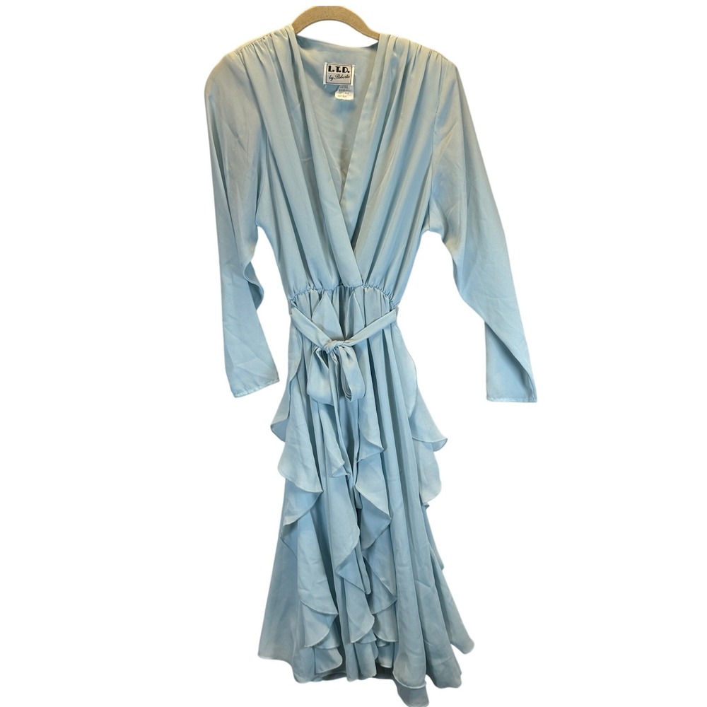 Vintage LTD by Roberta Blue Ruffle Chiffon Wrap Dress Size 3/4 Style 480